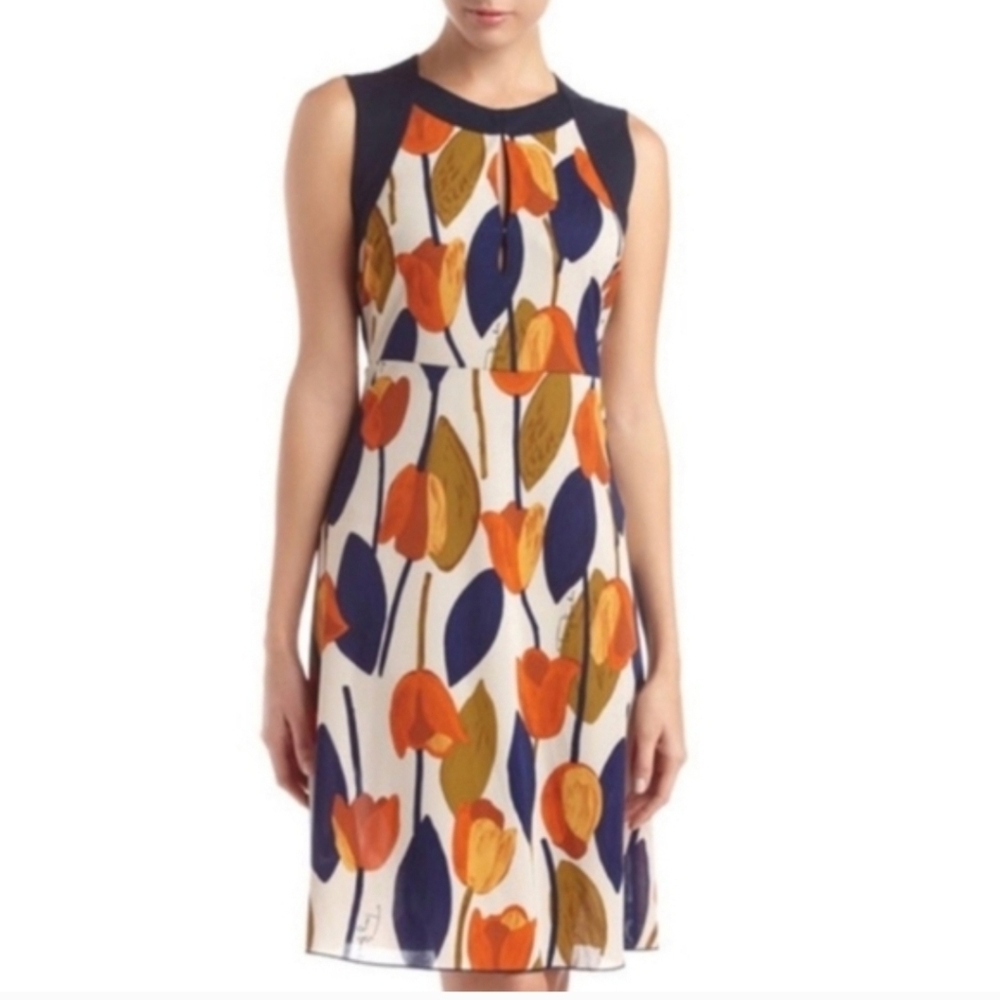 Tory Burch Cream Midi Dress with Orange and Navy Floral Print